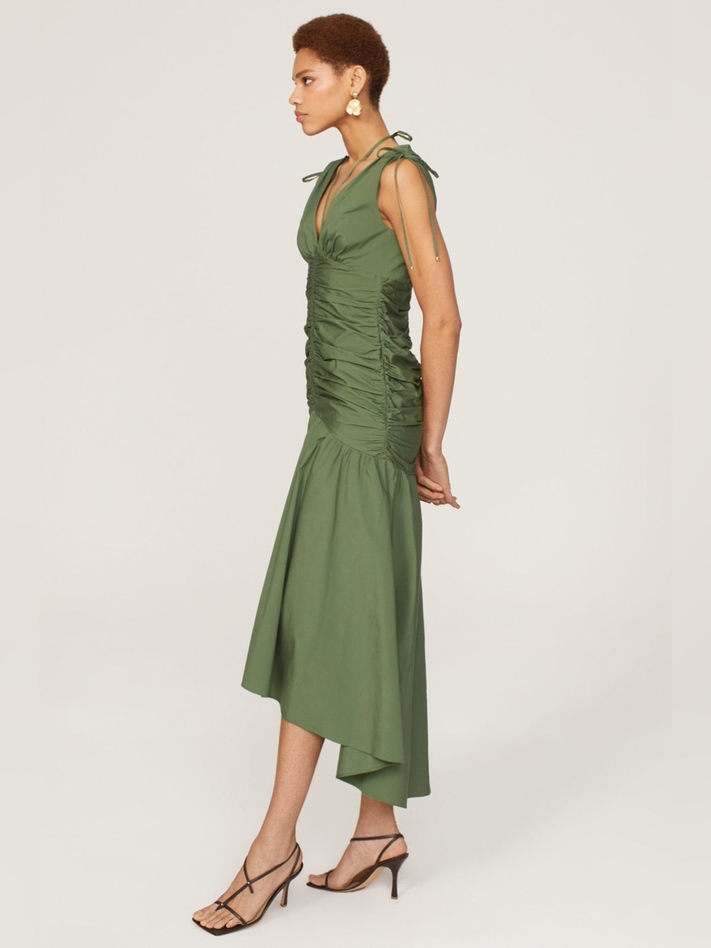 Veronica Beard Olive Green Ruched High-Low Midi Dress - Picture 2 of 8